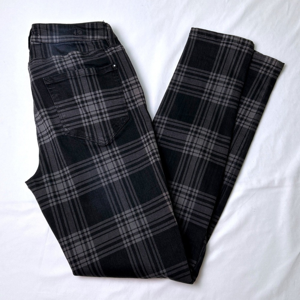 Kensie Women Low Rise Plaid Ankle Biter Skinny Jean Size 2/25 Black Grey Stretch